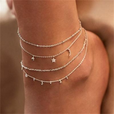 China Fashion Jewelry 4pcs Punk Silver Layered Star Moon Pendant Anklets For Women for sale