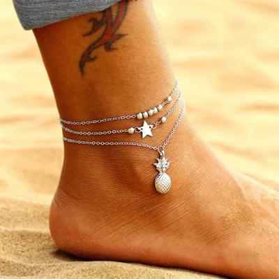 China Summer Punk Fashion 3Pcs Layered Beads Star Chain Pineapple Dangle Anklets For Women for sale