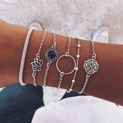 China BOHEMIA Bohemian Hollow Lotus Silver Bangle Jewelry Circle Natural Stone Beads Bracelet for sale