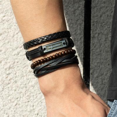 China 4Pcs Punk Layered Cross Wooden Beads Braided Beads Leather Bracelets For Women Men for sale