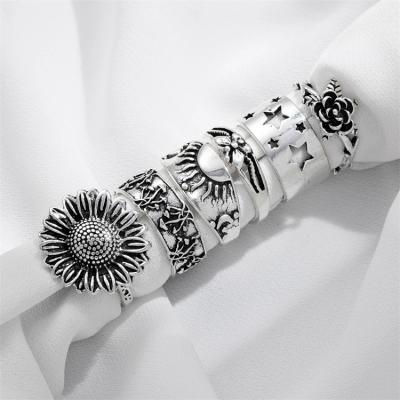 China Vintage Neo-Gothic Jewelry Antique Silver Sunflower Star Mushroom Sunrise Ring For Women for sale