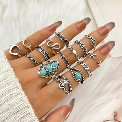 China BOHEMIA Vintage Jewelry Antique Silver Devil's Eye Flower Star Moon Turquoise Ring For Women for sale