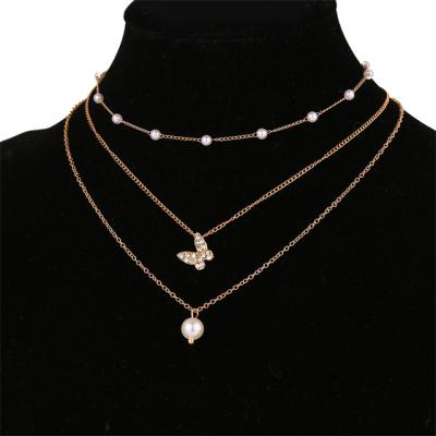 China Romantic Layered Pearl Butterfly Choker Necklace Exquisite Pearl Beaded Necklace For Women for sale