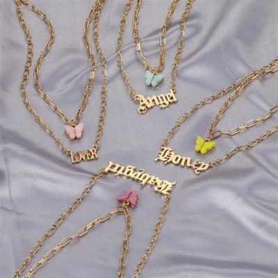 China Fashion Layered Acrylic Resin Butterfly Choker Arabic Letter Pendant Necklace For Women Girls for sale