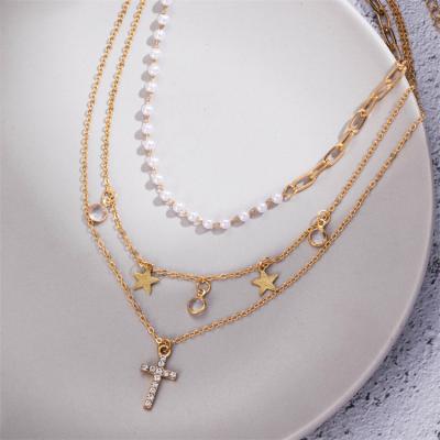 China Fashion Layered Pearl Star Circle Paperclip Crystal Zircon Cross Pendant Necklace Chain For Women for sale