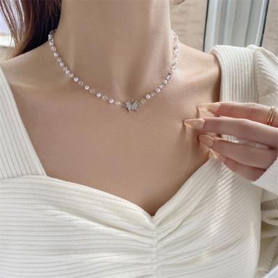 China Cute Exquisite Crystal Beads Pearl Butterfly Choker Necklace Birthday Gift For Women Girls for sale