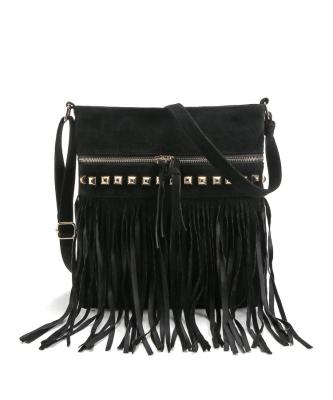 China Elegant Tassel Velvet Shoulder Bag with Rivets, Tassel, and Cross - Body Strap for Women - New Designer Wholesale Option for sale