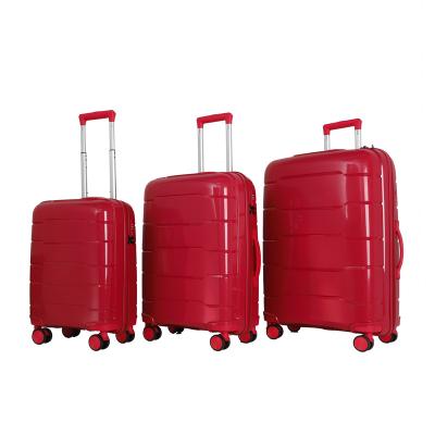 China Fashionable hot selingTravel luggage bag with hard wheels locking shell PP TSA luggage sets custom logo 3 pcs suitcase for sale