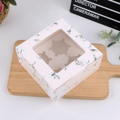 China Brown Biodegradable White Marble Pattern Square Paper Box For Small 4 Cavity Cupcakes Cake Package Box for sale