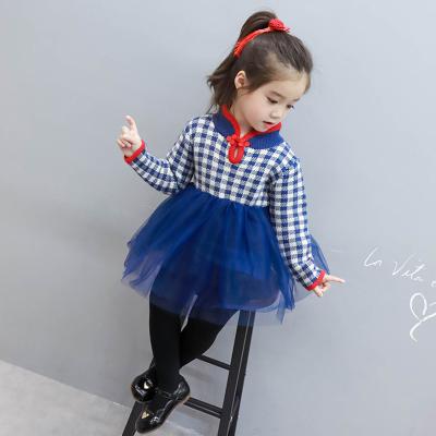 China New OEM Fashion Anti-Shrink Style Knitting Tangerine Collar Plaid Skirt Children's Lovely Knot Girl's Chinese Princess Dress for sale