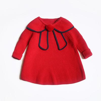 China Good Price Anti Shrink Upper Winter Casual Kids Knit Clothes Boutique Party Skirt Princess Red One Piece Girls Dress With Pompom for sale