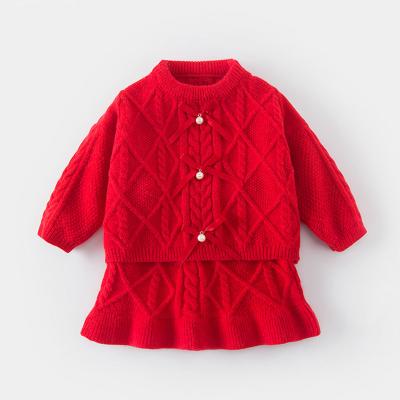 China Custom Embellished Girls Anti Shrink Cardigan Diamond Pattern Trims Oversized Chunky Cable Knit Baby Dress Up Set for sale