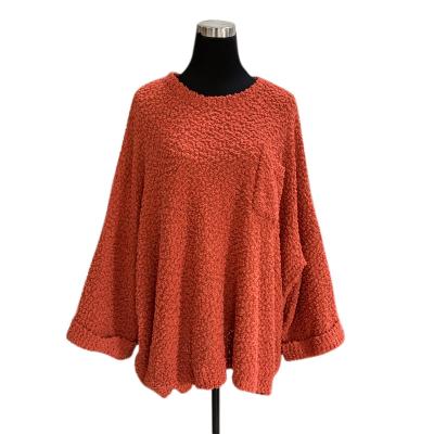 China Manufacturer Anti Shrink Crochet Plus Size Crewneck Jumper Turn Back Cuff Blush Chunky Popcorn Knitted Women Sweater Poncho With Pocket for sale