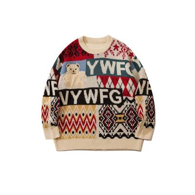 China Customized Jacquard Multi Color Men's Parride Oversized Crewneck Sweater With Bear Embroidery Pattern for sale