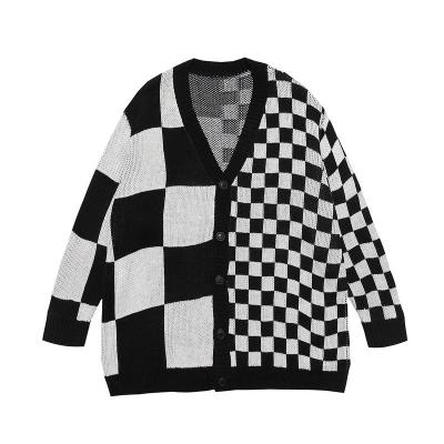 China Custom Soft Anti-wrinkle Half Jacquard Knitted Patterns Mens Black And White Checkered Cardigan for sale