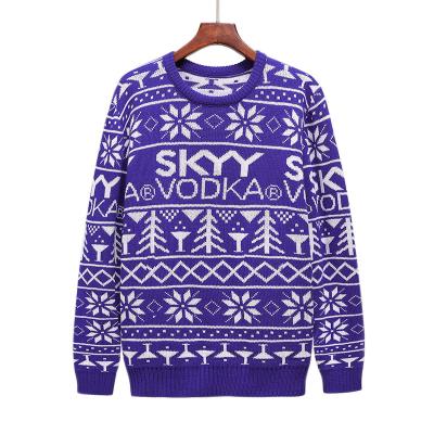 China Custom Knitted Anti Shrink Christmas Jacquard Sweater Crew Neck Long Sleeve Christmas Jumper Blue Unisex Sweater With Snowflake Pattern for sale