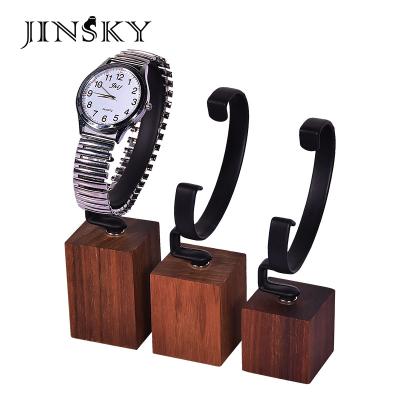 China Jinsky Leather 3 Pieces Set New Environmental Natural Wooden Timber Watch Display Stand Watch Rack for sale