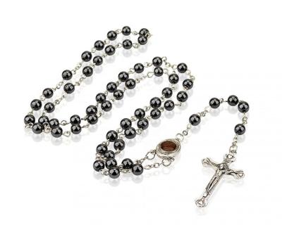 China Mens Necklace Non Magnetic Black Gallstone Jesus Cross Catholic Church Supplies Silver Rosary Bead Chain Prayer Beads Men for sale