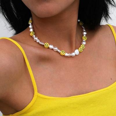 China Baroque Pearl Beads Silver Gold Plated Chain Vintage Beaded Choker Necklace Baroque Pearl Beads Handmade Smiling Face Necklace Beaded Choker Necklace Women Jewelry for sale