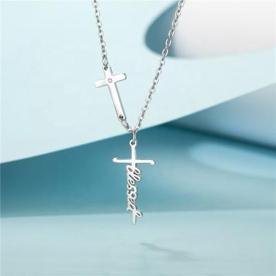 China Christian Jewelry Stainless Steel Cross Letter Pendant Tarnish Free Blessed Faith Word Necklace Christian Jewelry For Women for sale