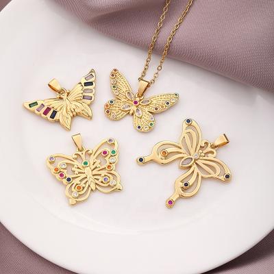 China Butterfly Pendant Colorful Crystal Zircon Brass Gold Plated Tarnish Free Pendant Stainless Chain 18K Gold Butterfly Necklace For Women for sale