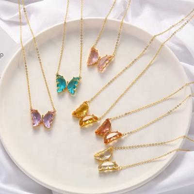 China Beautiful gold necklace fashion crystal butterfly pendant glass 18K gold plated acrylic butterfly necklace jewelry for sale