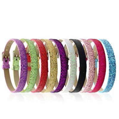 China Faux Leather Wrap Bracelet Slide Charms Can Be Added 8mm Wrist Strap Faux Leather Wrap Bracelet Glitter PU Leather Bracelet For DIY Jewelry for sale