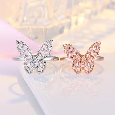 China Rose Gold Ring Fashion Rose Gold And Butterfly Silver Big Diamond Crystal Open Ring Jewelry Ladies Ring for sale