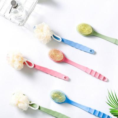 China Colorful Plastic Soft Bath Brush Long Handle Long Handle Hanging Bath Ball Back Brush Double Sided Exfoliating Shower Brush for sale