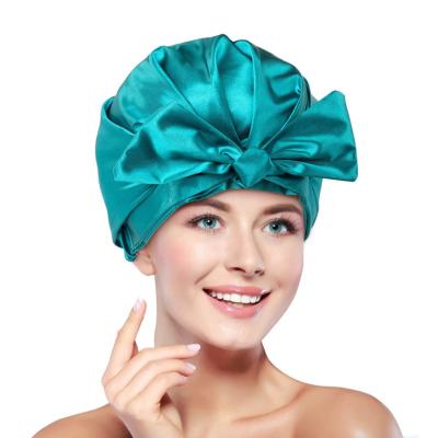 China Large Bowknot Reusable Waterproof Reusable Double Layer Bath Hair Shower Caps With Silky Satin For Women Beauty Bathing Travel Home Use for sale