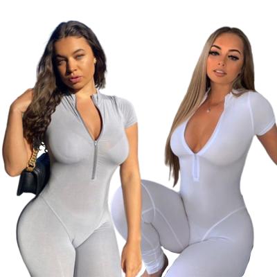 China Solid Color Hot Anti-Static Slim Fit Deep V Tight Fitness Waterproof Seamless Zipper Yoga Sports Bodycon Overalls For Women for sale