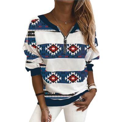 China 2021 European and American fashion v-neck zipper anti-wrinkle plaid print casual long-sleeved sweater ladies for sale