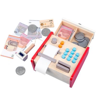 China Kids Pretend To Play Wooden Cashier Cashier Toy Set With Scanner 221164 for sale