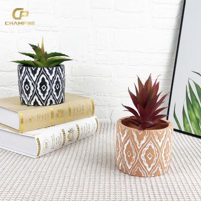 China Durable Nordic Simple Design Relief Orange Concrete Flower Pots Garden Macetas Decorativas Small Green Plant Desk Decor Cement Plant Pot for sale