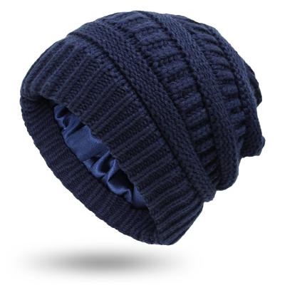 China COMMON Women's Winter Beanie Hat Warm Fleece Knitted Satin Striped Beanie Hats for sale