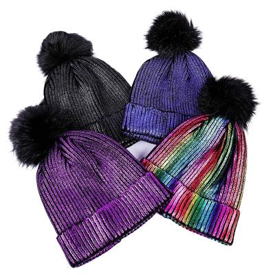 China New style COMMON new style Autumn Winter Warm wool female silver knitted cap pom pom hat stamping beanie for sale