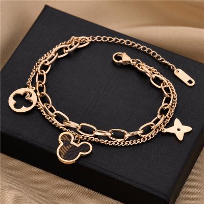 China Environmental Friendly Titanium Steel Mickey Mouse Charm Double Chains Bracelet For Women for sale