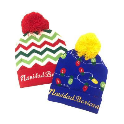 China MOQ COMMON 100pcs Customized Logo LED Knitted Solid Pattern Design Christmas Hat Fashion Unisex Hats for sale