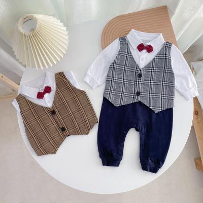 China Polyester Sleeves Plaid Suit Rompers/Wholesale Newborn Soft Cotton Baby Boy Long Jumpsuits For Babies for sale