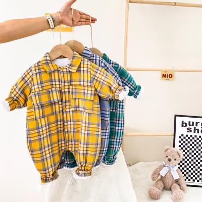 China Wholesale Newborn Baby Boys Winter Polyester/Cotton Overalls Long Sleeve Thick Warm Plaid Padded Rompers For Babies for sale