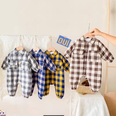 China Wholesale Newborn Baby Boys Winter Polyester/Cotton Overalls Long Sleeve Thick Warm Plaid Padded Rompers For Babies for sale