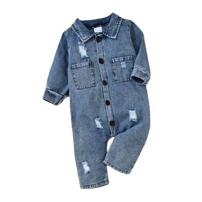 China Wholesale Newborn Polyester/Cotton Baby Denim Overalls Long Sleeves Solid Ripped Jeans Rompers For Babies for sale