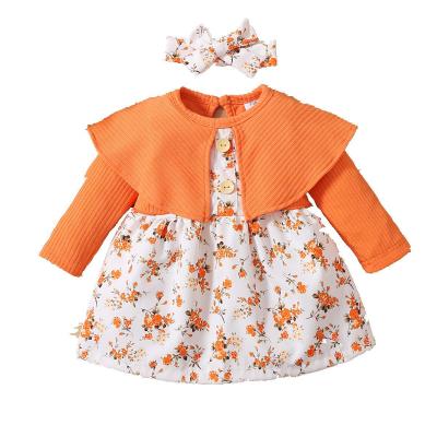 China New Boutique Babies Boutique Breathable Soft Sleeve Long Dress Floral Knitting Princess Dress And Patchwork Headband For Babies for sale