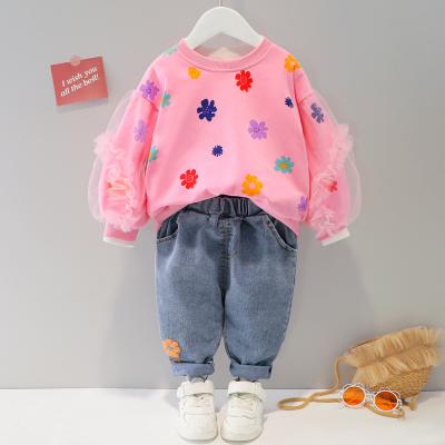 China New 2Pcs Girls Casual Clothing Set LCE Long Sleeve Flower Sweatshirt +Jeans Pants Outfits For Girls for sale