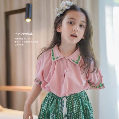 China 2022 New 2Pcs Girls Casual Clothing Set Short Sleeve Embroidery Shirt +printed Loose Pants Outfits For Girls for sale