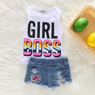 China New Fashion Girls Summer 2Pcs Casual Sleeveless Letter Printed Vest Tops And Denim Shorts 2 Pcs Clothing Sets for sale