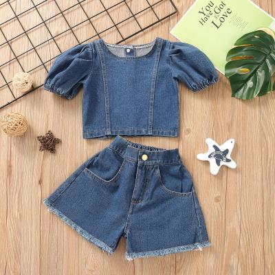 China New Fashion Casual Girls Summer 2Pcs Solid Short Sleeve Denim Tops And Shorts 2 Pcs Jeans Clothing Sets for sale