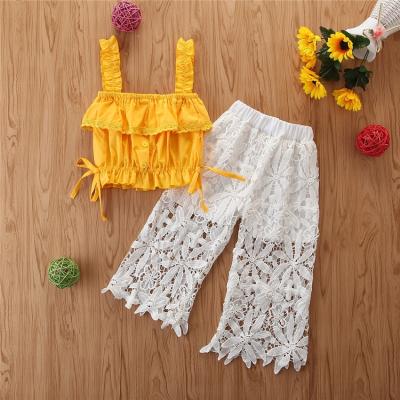 China New Boutique Summer Casual Toddler Girls Ruffled Lace Top + Sleeveless Long Pants 2pcs Dressing Set for sale