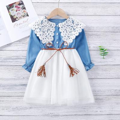 China 2021 New Girls Fashion Long Sleeve Denim Lace Infant Dress Anti-static Tulle Casual Dress for Kids for sale