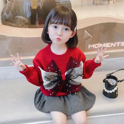 China Toddler Girls Autumn Winter Breathable Hot Selling Fashion Knitted Tulle Beading Bow Princess Sweater for sale